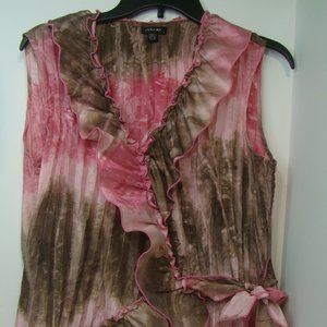 Piano Pink / Brown Shirt Blouse Woman Sleeveless Small Accordian Pleat